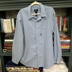 Edwin Satisfaction Brand Thin Striped Blue White Shirt Mens XLarge Long Sleeve